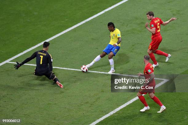 Paulinho of Brazil shoots and misses during the 2018 FIFA World Cup Russia Quarter Final match between Brazil and Belgium at Kazan Arena on July 6,...