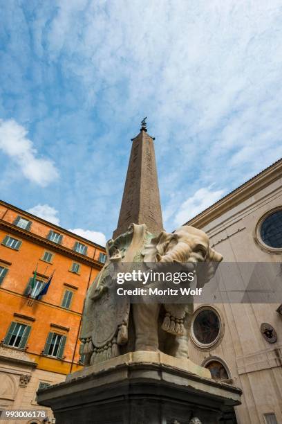 bernini's elephant, pulcino della minerva, elephant statue at the base of the obelisk obelisco della minerva, by ercole ferrata, rome, lazio, italy - pulcino stock pictures, royalty-free photos & images