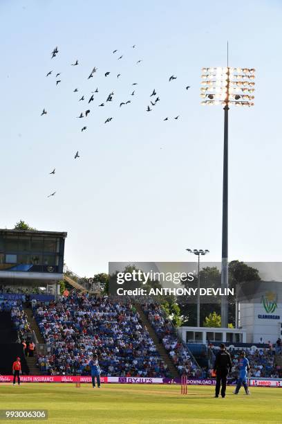 Flock of pigeons fly over the ground during the international Twenty20 cricket match between England and India at Sophia Gardens in Cardiff, south...