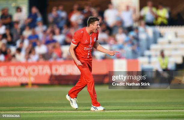 James Faulkner of Lancashire celebrates getting a wicket during the Vitality Blast match between Derbyshire Falcons and Lancashire Lightning at The...