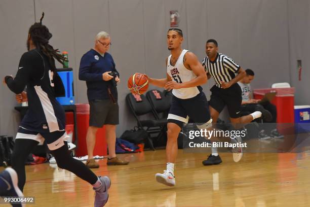 Nick Johnson of Team USA moves up the court during practice at the University of Houston on June 22, 2018 in Houston, Texas. NOTE TO USER: User...