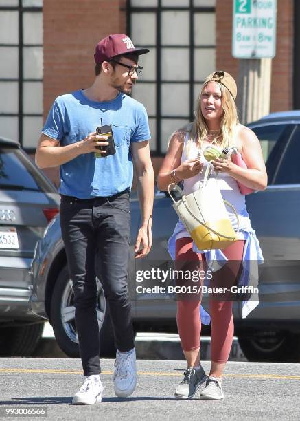 Hilary Duff and her boyfriend, Matthew Koma are seen on July 06, 2018 in Los Angeles, California.