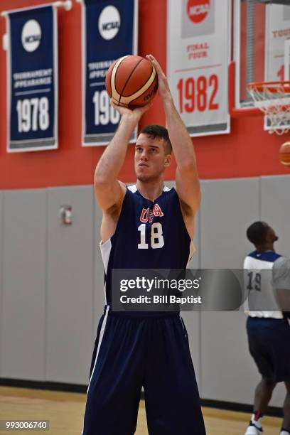 Marshall Plumlee of Team USA shoots the ball during practice at the University of Houston on June 23, 2018 in Houston, Texas. NOTE TO USER: User...