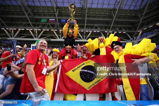 Belgium fans enjoy the atmosphere in the ground before the 2018 FIFA World Cup Russia Quarter Final match between Brazil and Belgium at Kazan Arena...