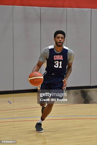 Larry Drew II of Team USA handles the ball during practice at the University of Houston on June 23, 2018 in Houston, Texas. NOTE TO USER: User...