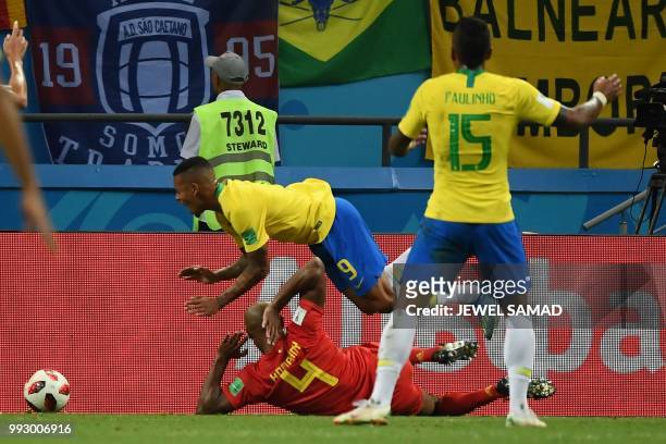 Belgium's defender Vincent Kompany vies for the ball with Brazil's forward Gabriel Jesus during the Russia 2018 World Cup quarter-final football...