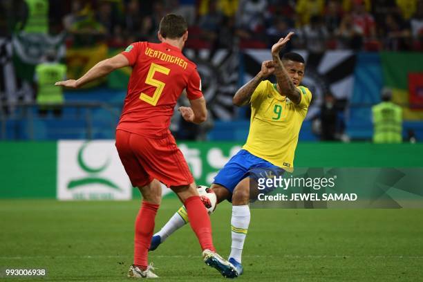 Brazil's forward Gabriel Jesus marks Belgium's defender Jan Vertonghen during the Russia 2018 World Cup quarter-final football match between Brazil...