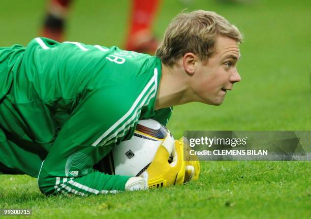 Germany's goalkeeper Manuel Neuer catches the ball during the friendly football match Germany vs Malta in the western German city of Aachen on May...