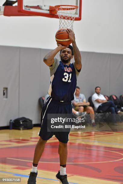 Larry Drew II of Team USA shoots the ball during practice at the University of Houston on June 23, 2018 in Houston, Texas. NOTE TO USER: User...