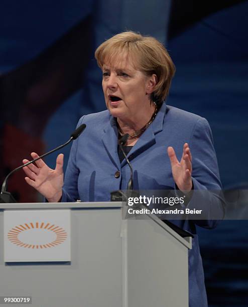 German chancellor Angela Merkel gives her speech during the third day of the 2nd ecumenical Kirchentag on May 14, 2010 in Munich, Germany.