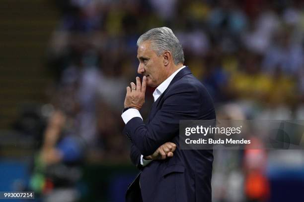 Tite, Head coach of Brazil looks on during the 2018 FIFA World Cup Russia Quarter Final match between Brazil and Belgium at Kazan Arena on July 6,...