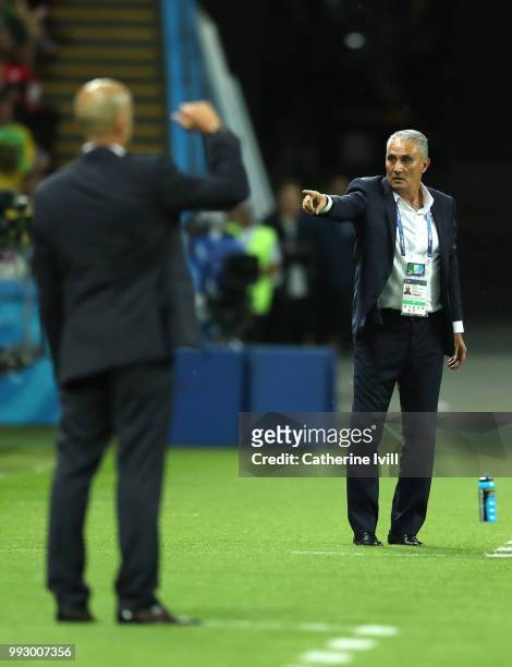 Tite, Head coach of Brazil gives his team instructions during the 2018 FIFA World Cup Russia Quarter Final match between Brazil and Belgium at Kazan...