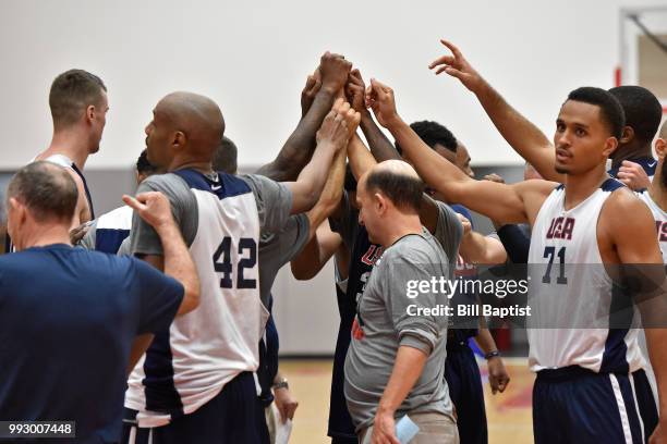 Team USA huddles during practice at the University of Houston on June 23, 2018 in Houston, Texas. NOTE TO USER: User expressly acknowledges and...