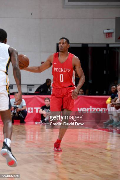 De'Anthony Melton of the Houston Rockets handles the ball against the Indiana Pacers during the 2018 Las Vegas Summer League on July 6, 2018 at the...