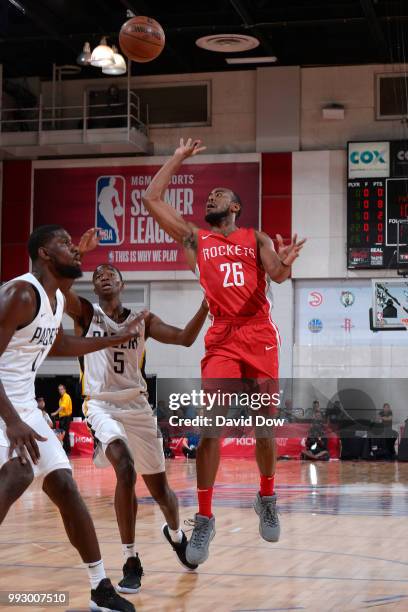 Markel Brown of the Houston Rockets shoots the ball against the Indiana Pacers during the 2018 Las Vegas Summer League on July 6, 2018 at the Cox...