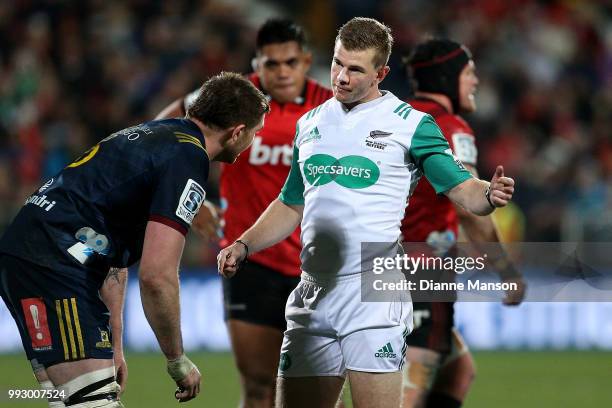 Referee Brendon Pickerill speaks with Liam Squire of the Highlanders during the round 18 Super Rugby match between the Crusaders and the Highlanders...