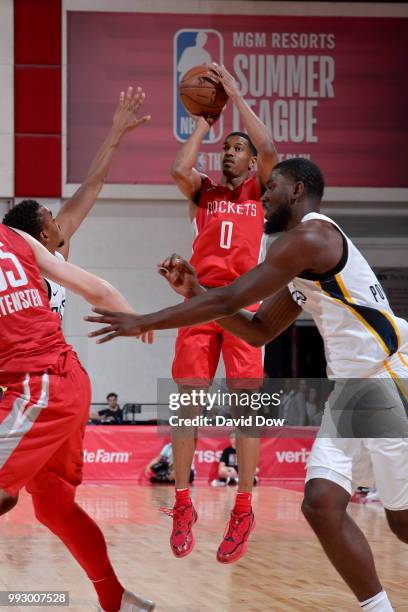 De'Anthony Melton of the Houston Rockets shoots the ball against the Indiana Pacers during the 2018 Las Vegas Summer League on July 6, 2018 at the...