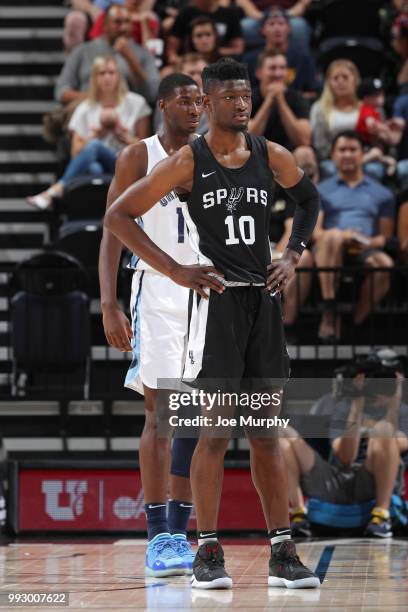 Chimezie Metu of the San Antonio Spurs looks ok during the game against the Memphis Grizzlies on July 5, 2018 at Vivint Smart Home Arena in Salt Lake...