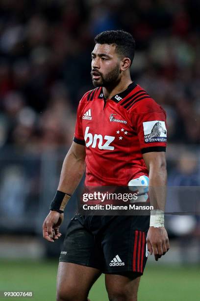 Richie Mo'unga of the Crusaders looks on during the round 18 Super Rugby match between the Crusaders and the Highlanders at AMI Stadium on July 6,...