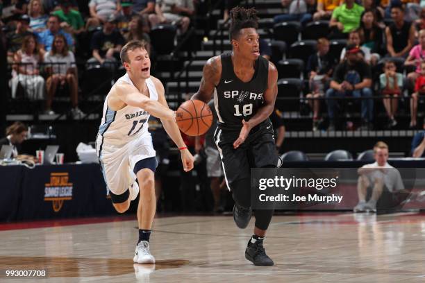 Lonnie Walker IV of the San Antonio Spurs handles the ball against the Brady Heslip of the Memphis Grizzlies on July 5, 2018 at Vivint Smart Home...