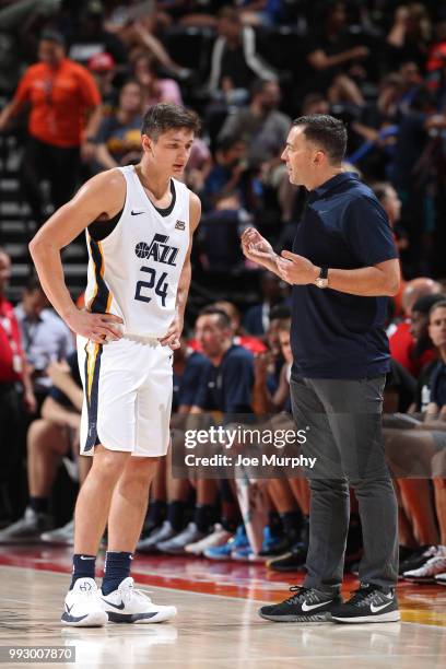 Grayson Allen of the Utah Jazz talks with Coach Mike Wells of the Utah Jazz on July 5, 2018 at Vivint Smart Home Arena in Salt Lake City, Utah. NOTE...