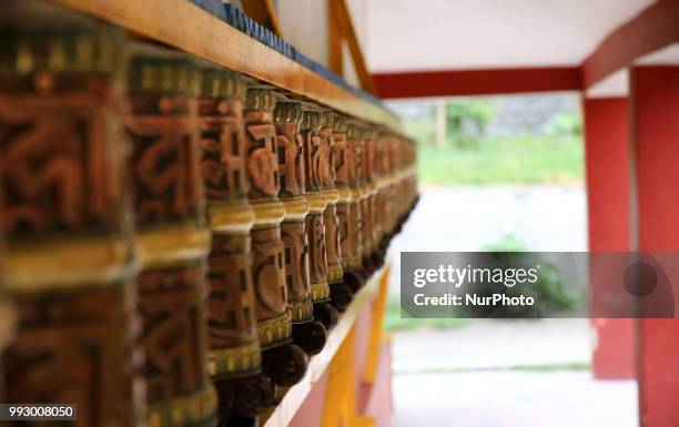 View of historical Buddhist temple 'Himalayan Nyinmapa Buddhist Monastery ' in Manali town , Himachal Pradesh , India on 6th July,2018. Himalayan...