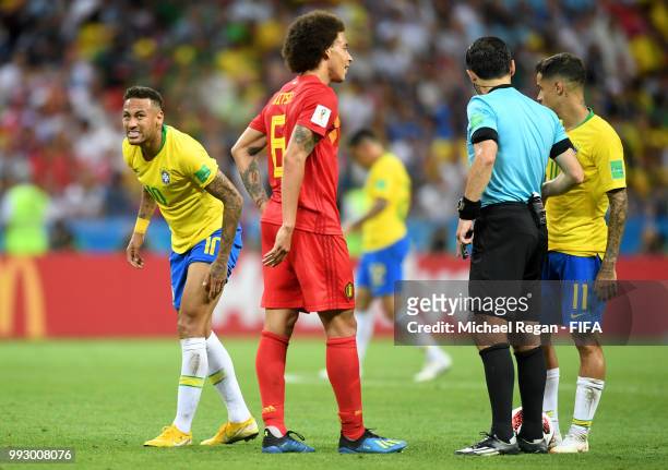 Referee Milorad Mazic speaks with players during the 2018 FIFA World Cup Russia Quarter Final match between Brazil and Belgium at Kazan Arena on July...