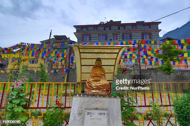 View of historical Buddhist temple 'Himalayan Nyinmapa Buddhist Monastery ' in Manali town , Himachal Pradesh , India on 6th July,2018. Himalayan...