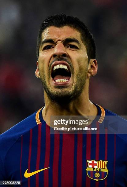 Barcelona's Luis Suarez reacts during Group D, UEFA Champions League football match between Olympiacos and FC Barcelona at the Karaiskaki stadium in...