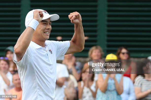 Player Mackenzie McDonald celebrates after beating Argentina's Guido Pella in their men's singles third round match on the fifth day of the 2018...