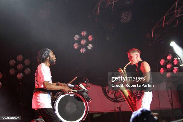 David "King of Sludge" Parks and Leo Pellegrino of Too Many Zooz perform during the 2018 Festival International de Jazz de Montreal at Quartier des...