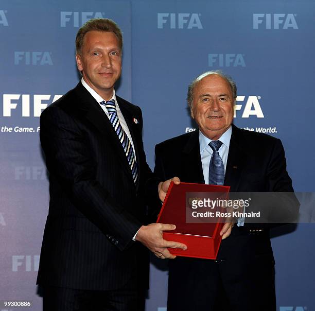 Igor Shuvalov, Deputy Prime-Minister of Russia presents the Russian Bid Book to Sepp Blatter, FIFA President during the 2018/2022 World Cup Bid Book...