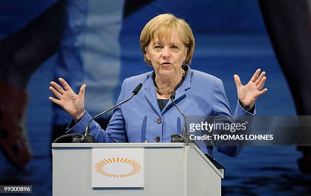 German Chancellor Angela Merkel gives a speech during the second Oecumenic Church Congress on May 14, 2010 in Munich, southern Germany. According to...