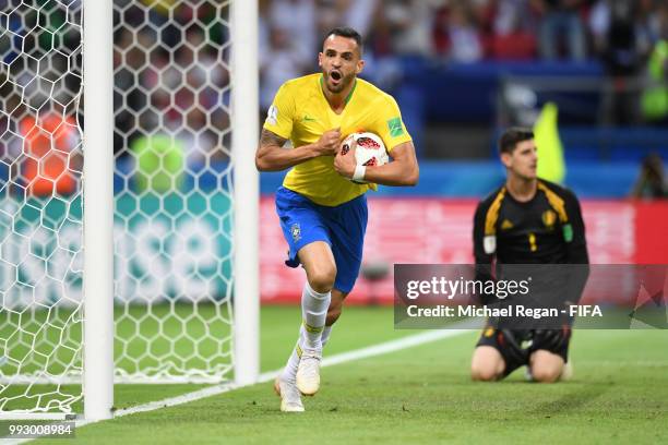 Renato Augusto of Brazil celebrates after scoring his team's first goal during the 2018 FIFA World Cup Russia Quarter Final match between Brazil and...