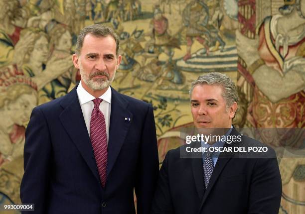Colombian president-elect Ivan Duque poses with Spanish King Felipe VI at La Zarzuela palace in Madrid on July 06, 2018.