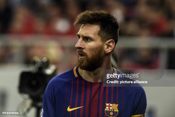Barcelona's Lionel Messi pictured during the UEFA Champions League Group D football match between Olympiacos and Barcelona at Karaiskakis Stadium in...