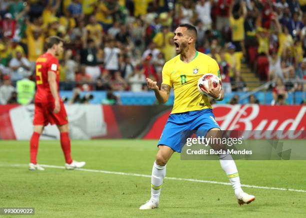 Renato Augusto of Brazil celebrates after scoring his team's first goal during the 2018 FIFA World Cup Russia Quarter Final match between Brazil and...