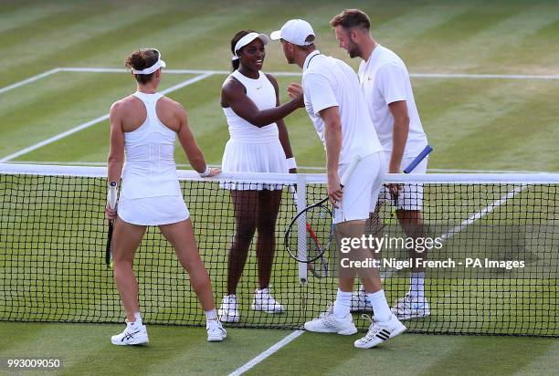 Dominic Inglot and Samantha Stosur and Sloane Stephens and Jack Sock after their doubles match on day five of the Wimbledon Championships at the All...