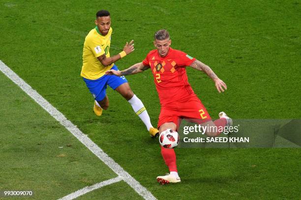 Brazil's forward Neymar vies with Belgium's defender Toby Alderweireld during the Russia 2018 World Cup quarter-final football match between Brazil...