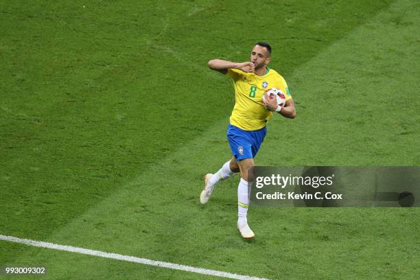 Renato Augusto of Brazil celebrates after scoring his team's first goal during the 2018 FIFA World Cup Russia Quarter Final match between Brazil and...