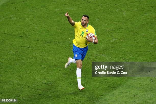Renato Augusto of Brazil celebrates after scoring his team's first goal during the 2018 FIFA World Cup Russia Quarter Final match between Brazil and...
