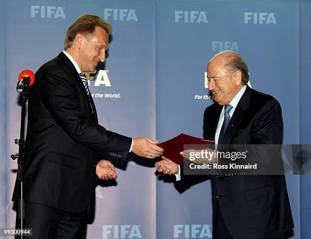 Igor Shuvalov, Deputy Prime-Minister of Russia presents a letter from Russian prime minister Vladimir Putin to Sepp Blatter, FIFA President during...