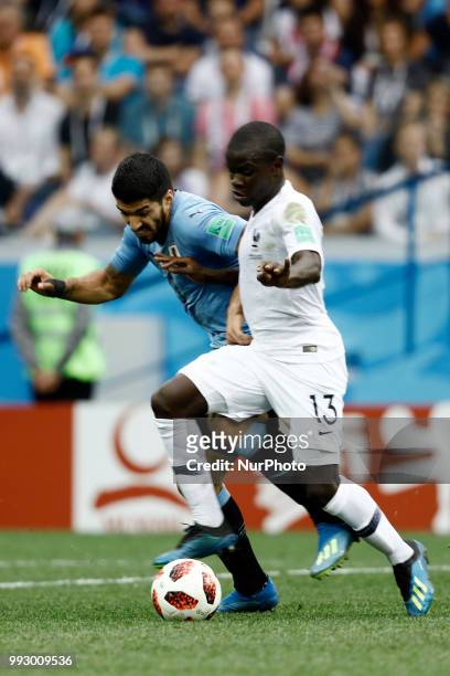 Golo Kante, Luis Suarez during 2018 FIFA World Cup Russia Quarter Final match between Uruguay and France at Nizhny Novgorod Stadium on July 6, 2018...