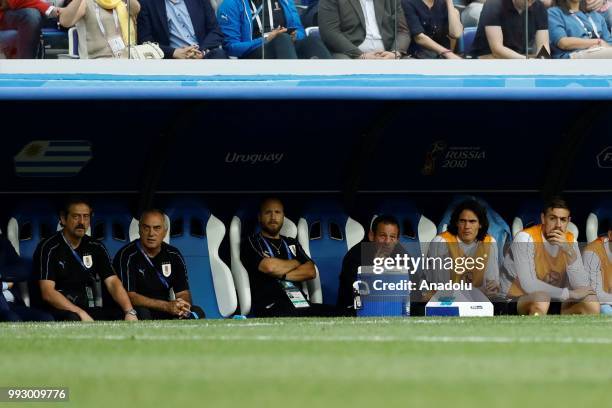 Edinson Cavani of Uruguay sits on the bench during of the 2018 FIFA World Cup Russia quarter final match between Uruguay and France at the Nizhny...