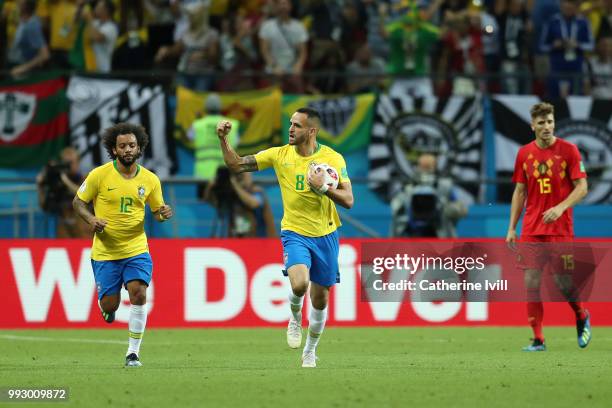 Renato Augusto of Brazil celebrates after scoring his team's first goal during the 2018 FIFA World Cup Russia Quarter Final match between Brazil and...