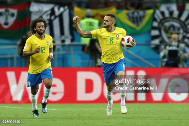 Renato Augusto of Brazil celebrates with team mate Marcelo after scoring his team's first goal during the 2018 FIFA World Cup Russia Quarter Final...