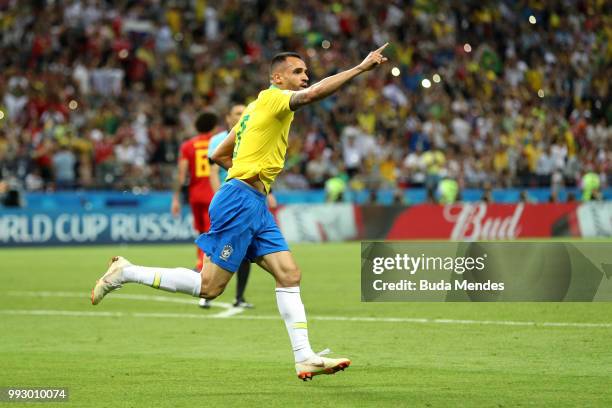 Renato Augusto of Brazil celebrates after scoring his team's first goal during the 2018 FIFA World Cup Russia Quarter Final match between Brazil and...