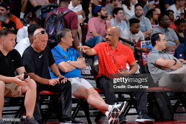 John Calipari and John Lucas II attend the game between the Houston Rockets and the Indiana Pacers during the 2018 Las Vegas Summer League on July 6,...