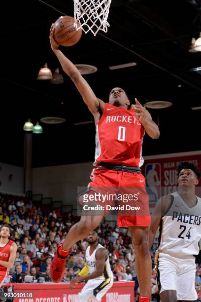 De'Anthony Melton of the Houston Rockets goes to the basket against the Indiana Pacers during the 2018 Las Vegas Summer League on July 6, 2018 at the...