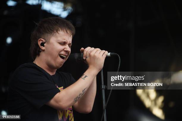 English singer of the UK band Nothing But Thieves, Conor Mason, performs on stage during the 30th Eurockeennes rock music festival on July 6, 2018 in...